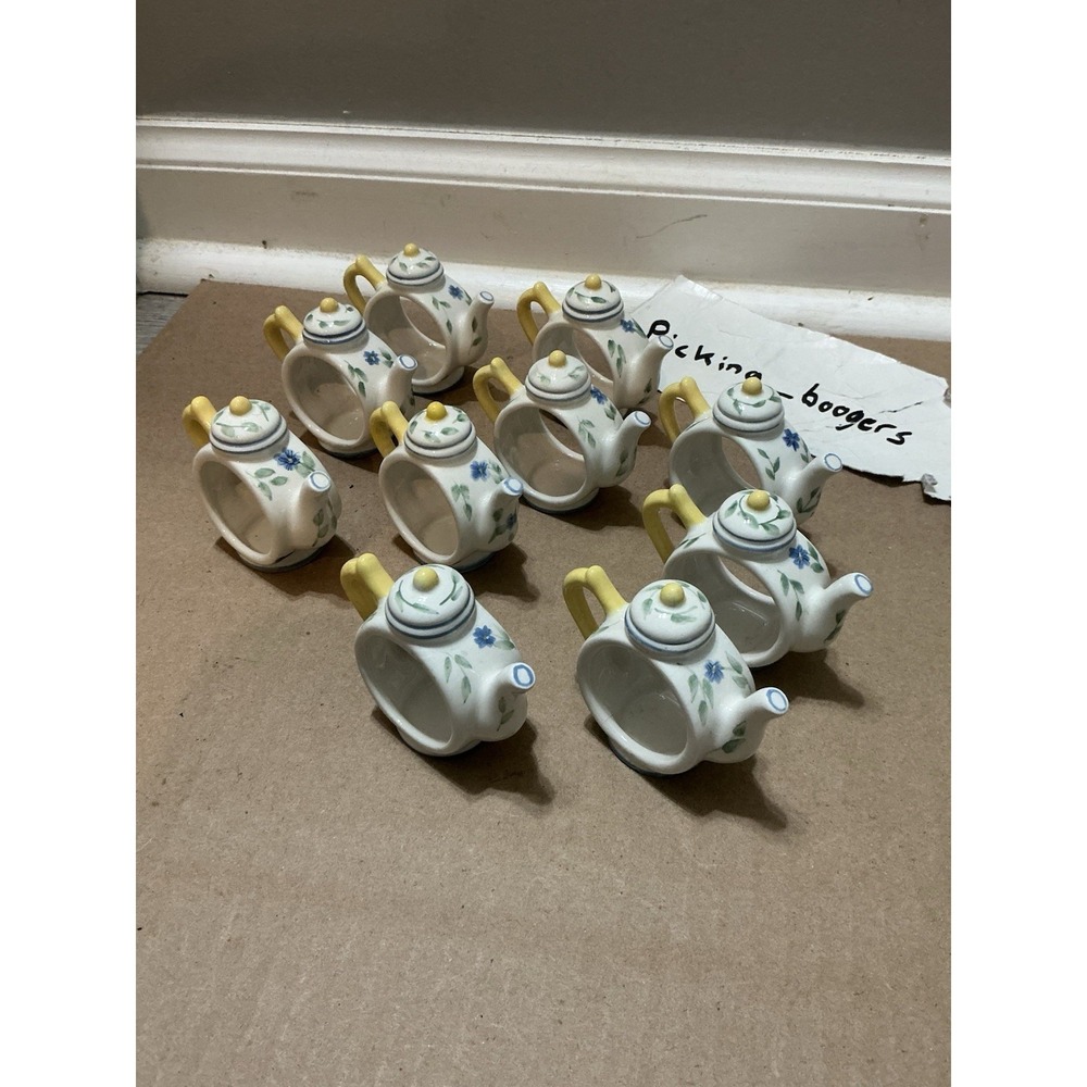 10 Vintage Pfaltzgraff Shelby Perennials Teapot Napkin Rings White Blue Yellow